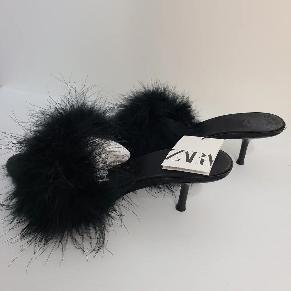 ZARA HEELED MULES WITH FEATHERS Black SIZE  | 1302/110/800